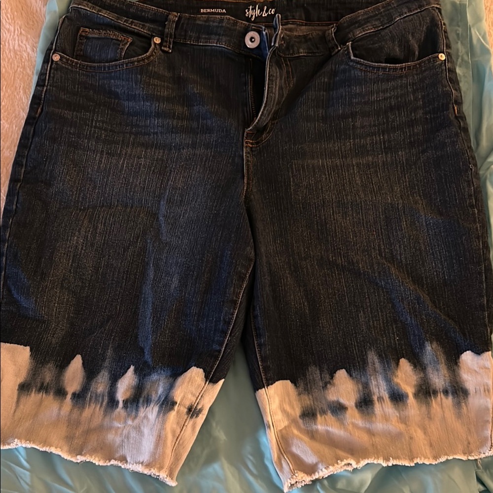 Style & Co Blue and White Jean Shorts with Bleached Hem